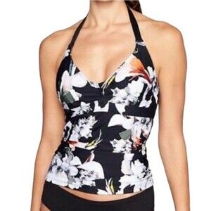 ATHLETA Polynesia Halter Tankini Top 40 B/C Black Pacific Floral Underwire Swim